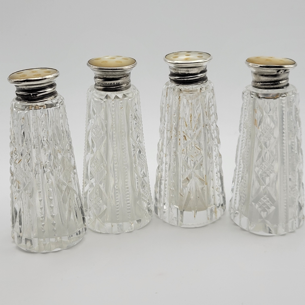 Vintage MCM Crystal Salt and Pepper Shakers Sterling Silver Caps Mother of Pearl